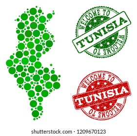 Welcome collage of map of Tunisia and rubber seals. Vector greeting seals with retro rubber texture in green and red colors. Greeting flat design for guest appreciation posters.