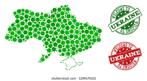Welcome collage of map of Ukraine and scratched stamps. Vector greeting imprints with scratched rubber texture in green and red colors. Welcome flat design for patriotic templates.