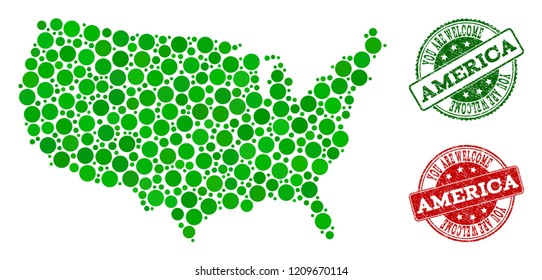 Welcome collage of map of USA and corroded seals. Vector greeting seals with corroded rubber texture in green and red colors. Greeting flat design for guest appreciation purposes.