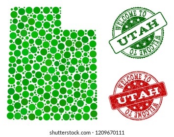 Welcome collage of map of Utah State and corroded seals. Vector greeting seals with corroded rubber texture in green and red colors. Greeting flat design for guest appreciation purposes.