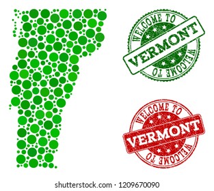 Welcome collage of map of Vermont State and unclean seals. Vector greeting seals with scratched rubber texture in green and red colors. Greeting flat design for guest appreciation purposes.