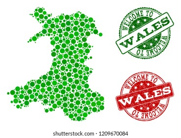 Welcome collage of map of Wales and rubber stamps. Vector greeting imprints with unclean rubber texture in green and red colors. Greeting flat design for patriotic posters.
