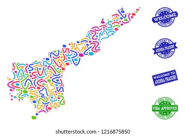Welcome collage of mosaic map of Andhra Pradesh State and rubber stamps. Vector greeting seals with distress rubber texture. Welcome flat design for patriotic illustrations.