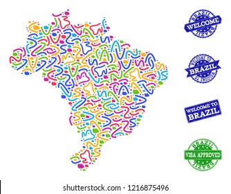 Welcome collage of mosaic map of Brazil and rubber seals. Vector greeting seals with distress rubber texture. Welcome flat design for guest appreciation purposes.