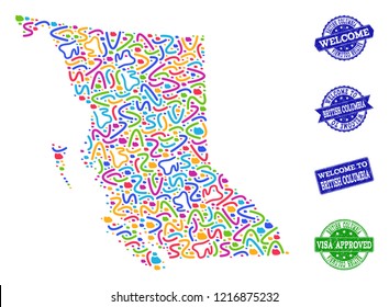 Welcome collage of mosaic map of British Columbia Province and rubber stamps. Vector greeting watermarks with distress rubber texture. Welcome flat design for tourist greetings posters.