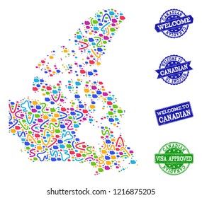 Welcome collage of mosaic map of Canada and grunge seals. Vector greeting watermarks with grunge rubber texture. Welcome flat design for political templates.