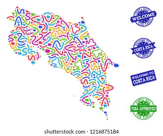Welcome collage of mosaic map of Costa Rica and rubber seals. Vector greeting imprints with unclean rubber texture. Welcome flat design for political posters.