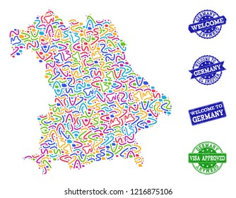 Welcome collage of mosaic map of Germany and grunge seals. Vector greeting seals with grunge rubber texture. Welcome flat design for political templates.