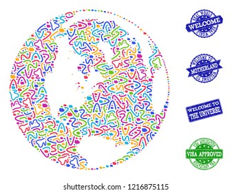 Welcome collage of mosaic map of global world and rubber stamps. Vector greeting seals with unclean rubber texture. Welcome flat design for guest appreciation purposes.