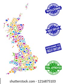 Welcome collage of mosaic map of Great Britain and textured seals. Vector greeting seals with grunge rubber texture. Welcome flat design for tourist greetings illustrations.