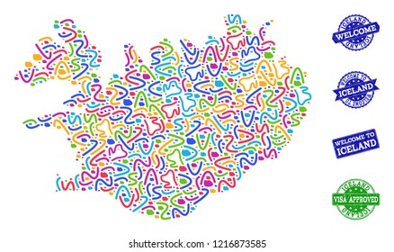 Welcome collage of mosaic map of Iceland and rubber seal stamps. Vector greeting watermarks with scratched rubber texture. Welcome flat design for patriotic templates.