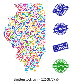 Welcome collage of mosaic map of Illinois State and scratched seals. Vector greeting seals with scratched rubber texture. Welcome flat design for tourist greetings illustrations.