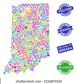 Welcome collage of mosaic map of Indiana State and corroded seal stamps. Vector greeting imprints with corroded rubber texture. Welcome flat design for guest appreciation illustrations.