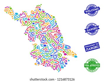 Welcome collage of mosaic Map of Jiangsu Province and scratched seals. Vector greeting watermarks with scratched rubber texture. Welcome flat design for tourist greetings templates.