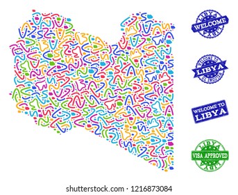 Welcome collage of mosaic map of Libya and corroded seals. Vector greeting seals with corroded rubber texture. Welcome flat design for guest appreciation posters.