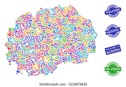 Welcome collage of mosaic map of Macedonia and rubber seal stamps. Vector greeting seals with corroded rubber texture. Welcome flat design for political purposes.