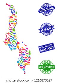 Welcome collage of mosaic map of Malawi and rubber seals. Vector greeting seals with grunge rubber texture. Welcome flat design for patriotic illustrations.