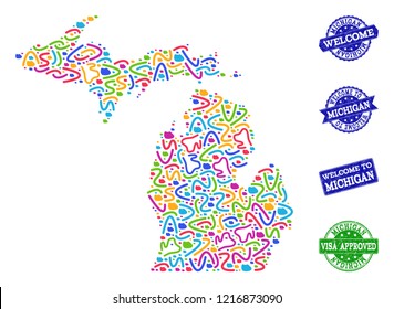 Welcome collage of mosaic map of Michigan State and unclean seals. Vector greeting seals with unclean rubber texture. Welcome flat design for political templates.