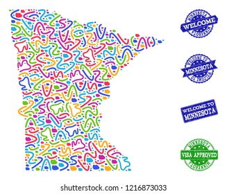 Welcome collage of mosaic map of Minnesota State and scratched seal stamps. Vector greeting imprints with scratched rubber texture. Welcome flat design for guest appreciation purposes.
