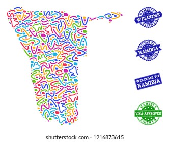 Welcome collage of mosaic map of Namibia and rubber seal stamps. Vector greeting seals with grunge rubber texture. Welcome flat design for political illustrations.