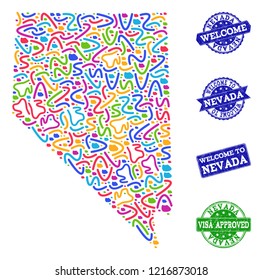 Welcome collage of mosaic map of Nevada State and rubber seals. Vector greeting watermarks with corroded rubber texture. Welcome flat design for patriotic illustrations.