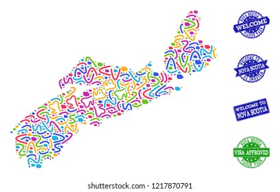 Welcome collage of mosaic map of Nova Scotia Province and grunge seals. Vector greeting seals with grunge rubber texture. Welcome flat design for guest appreciation posters.