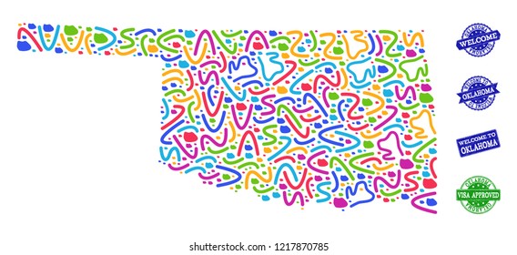 Welcome collage of mosaic map of Oklahoma State and rubber seals. Vector greeting seals with scratched rubber texture. Welcome flat design for guest appreciation illustrations.