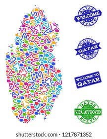 Welcome collage of mosaic map of Qatar and corroded seals. Vector greeting watermarks with corroded rubber texture. Welcome flat design for tourist greetings posters.