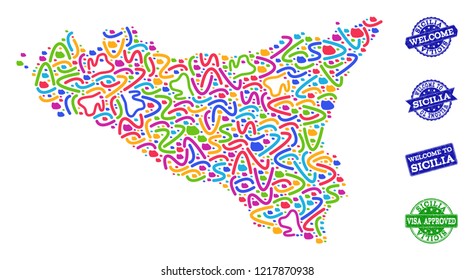 Welcome collage of mosaic map of Sicilia Island and unclean seals. Vector greeting seals with distress rubber texture. Welcome flat design for political templates.