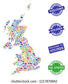 Welcome collage of mosaic map of United Kingdom and rubber seal stamps. Vector greeting seals with scratched rubber texture. Welcome flat design for political illustrations.