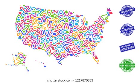 Welcome collage of mosaic map of USA territories and scratched seals. Vector greeting seals with unclean rubber texture. Welcome flat design for patriotic illustrations.