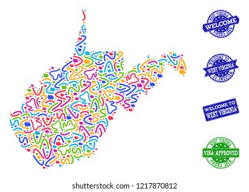 Welcome collage of mosaic map of West Virginia State and grunge seals. Vector greeting seals with scratched rubber texture. Welcome flat design for guest appreciation purposes.