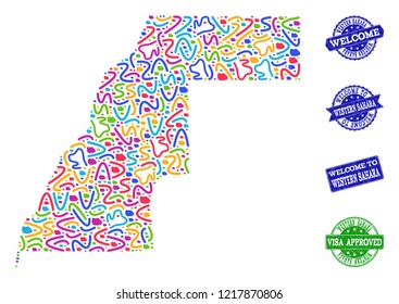 Welcome collage of mosaic map of Western Sahara and rubber stamps. Vector greeting imprints with corroded rubber texture. Welcome flat design for tourist greetings templates.