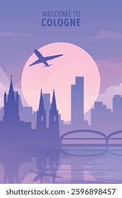 Welcome to Cologne, Germany. Gradient city poster, card with shapes of skyline, waterfront and airplane. Europe travel vector illustration, print, graphic