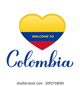 Welcome to Colombia lettering with national flag in heart shape isolated on white background. Vector template for typography poster, postcard, banner, flyer, sticker, t-shirt, etc. 