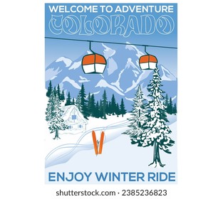 Bienvenidos al Parque Nacional de Colorado. Aventura en el gráfico de montaña para camisetas y otros. Casa de nieve. Wanderlust. Montaña con diseño de impresión de árbol vintage.   patinaje sobre nieve. teleférico.