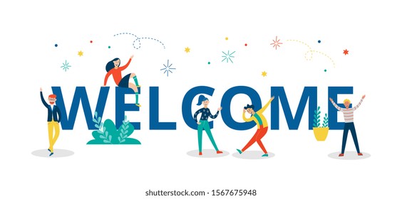 Welcome colorful letters with people cartoon characters over confetti, flat vector illustration isolated on white background. Cheerful business team welcoming clients.