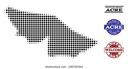Welcome combination of halftone map of Acre State and grunge watermarks. Halftone map of Acre State designed with black spheric elements.