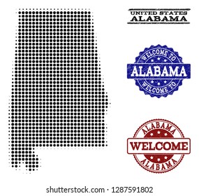 Welcome combination of halftone map of Alabama State and corroded stamps. Halftone map of Alabama State constructed with black circle dots.