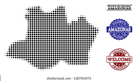 Welcome combination of halftone map of Amazonas State and rubber seals. Halftone map of Amazonas State constructed with black circle pixels.