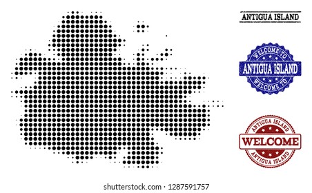 Welcome combination of halftone map of Antigua Island and rubber seal stamps. Halftone map of Antigua Island constructed with black circle dots.