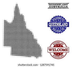 Welcome combination of halftone map of Australian Queensland and scratched watermarks. Halftone map of Australian Queensland constructed with black round dots.