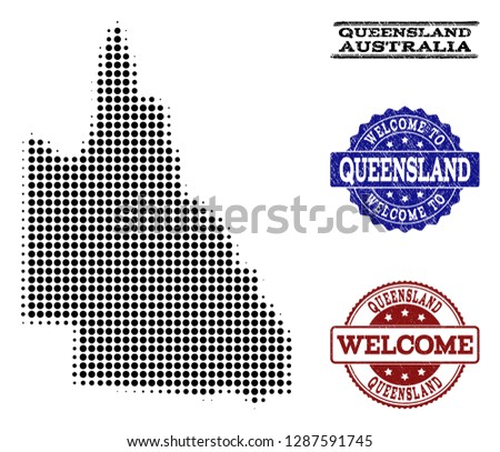 Welcome combination of halftone map of Australian Queensland and scratched watermarks. Halftone map of Australian Queensland constructed with black round dots.