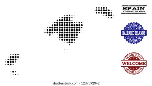 Welcome combination of halftone map of Balearic Islands and scratched watermarks. Halftone map of Balearic Islands constructed with black circle pixels.