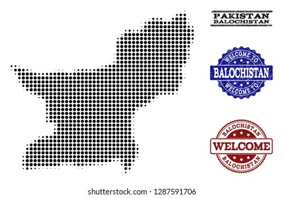 Welcome combination of halftone map of Balochistan Province and rubber watermarks. Halftone map of Balochistan Province designed with black round pixels.