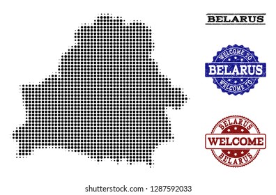 Welcome combination of halftone map of Belarus and rubber seals. Halftone map of Belarus designed with black round dots. Vector greeting seals with grunge rubber texture in blue and red colors.