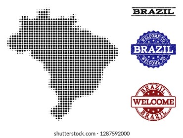 Welcome combination of halftone map of Brazil and grunge watermarks. Halftone map of Brazil constructed with black circle pixels.