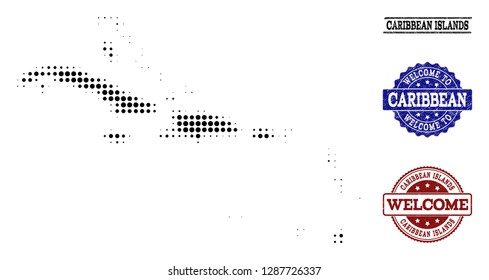 Welcome combination of halftone map of Caribbean Islands and dirty watermarks. Halftone map of Caribbean Islands constructed with black spheric items.