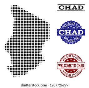 Welcome combination of halftone map of Chad and grunge seals. Halftone map of Chad designed with black circle points. Vector greeting seals with corroded rubber texture in blue and red colors.
