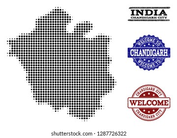 Welcome combination of halftone map of Chandigarh City and scratched stamps. Halftone map of Chandigarh City designed with black circle dots.
